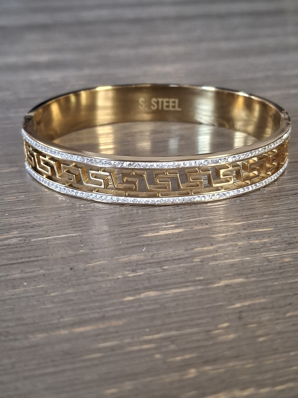 S. Steel Gold-Tone Greek Key Bangle Bracelet with Crystal Accents